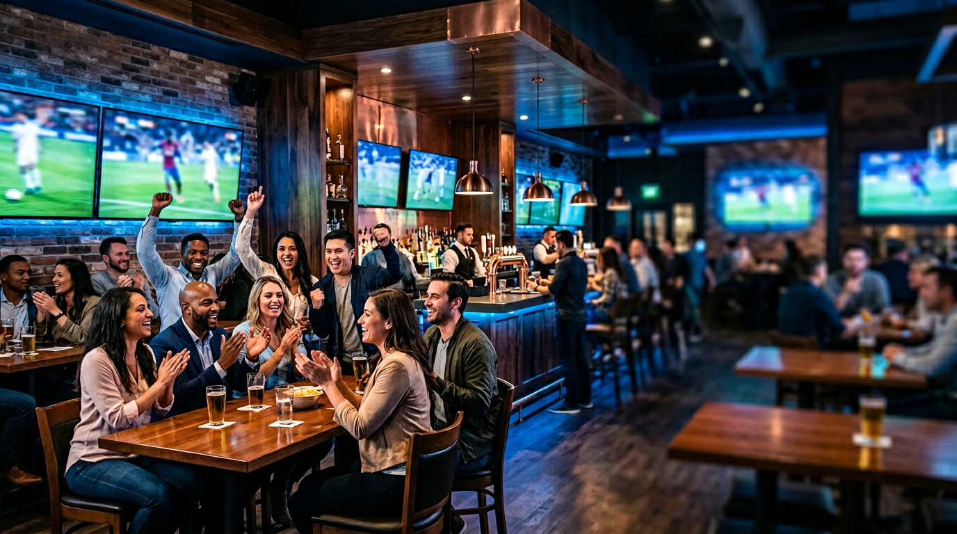 Fans gathering inside a sports bar during a live game.